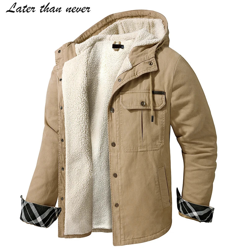 Ready to Ship Men's Vintage Style Winter Jacket American Size Solid Color Full Cotton Thick Hooded Shirt Coat with Sherpa Lining