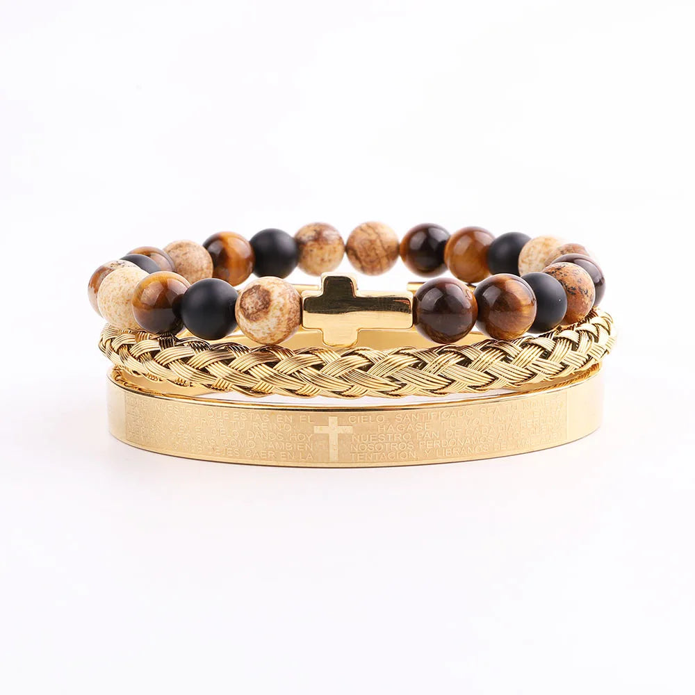 Cross Cuff Bangle Stone Bracelet Set 316L Stainless Steel New Design Luxury Natural Men Agate Geometric JBS11698 Micro Insert