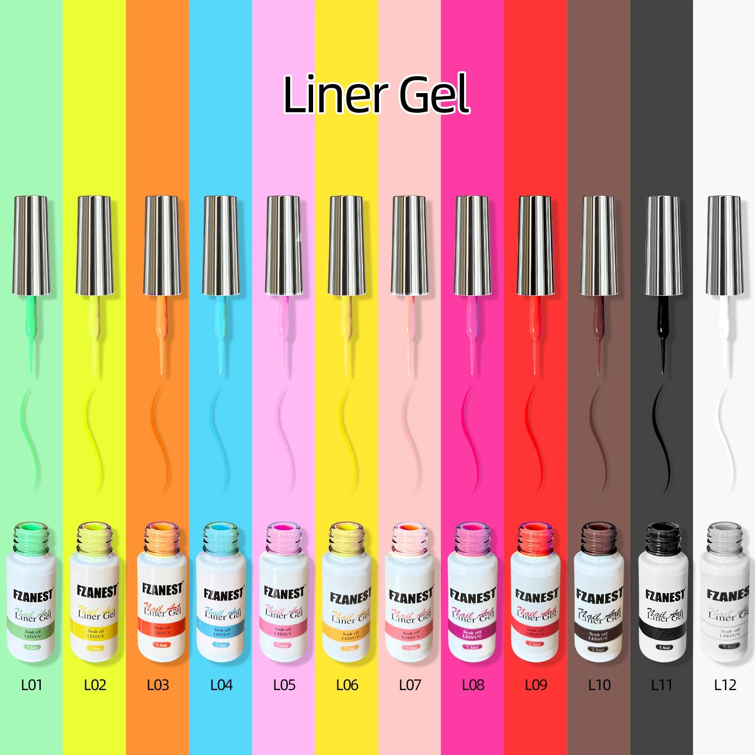 FZANEST 12colors 7.5ml 3d Painting Black Gel Liner Nail Art Gel Nail Art Sets Polish Gel Nails