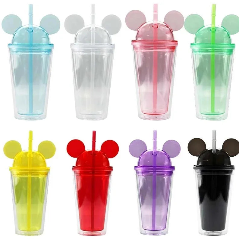 New Style 16oz Double Wall Plastic Cups with Straw and Dome Lid Reusable Acrylic Clear Mouse Ear Tumbler Ice Coffee Cup