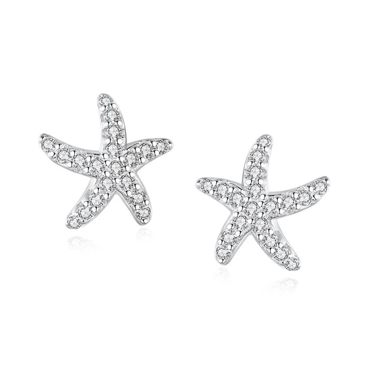 Fine Jewelry 925 Sterling Silver Women Diamond Starfish Creative Fashion Star Stud Earrings