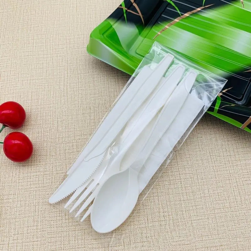Disposable Cornstarch Cutlery with Napkin Set Compostable Spoons Biodegradable Fork Heavyweight