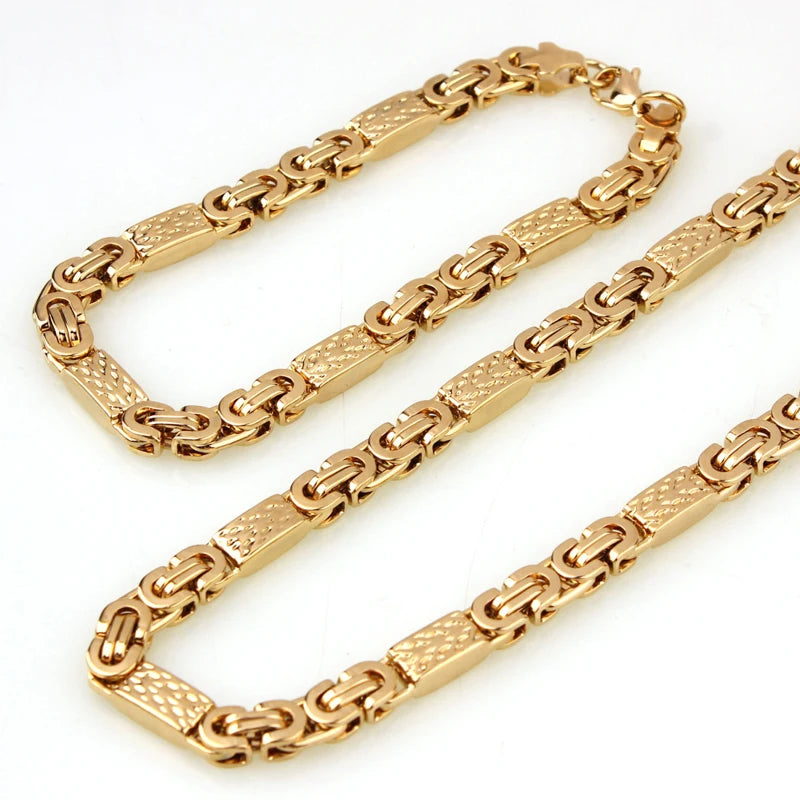 Custom Design Tarnish Free Stainless Steel Jewelry Waterproof 18k Pvd Gold Plated Byzantne Chain Bracelet and Necklace Set