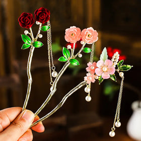 Chinese Ancient Pearl Tassel Hairpin Chopstick Ancient Style Peach Blossom Tassel Hairpin Hairpin Hair Wear