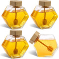 7 Oz Honey Pot Jars Glass Honey Pot with Wooden Dipper and Cork Lid Hexagon Shape Honey Container Dispenser Storage