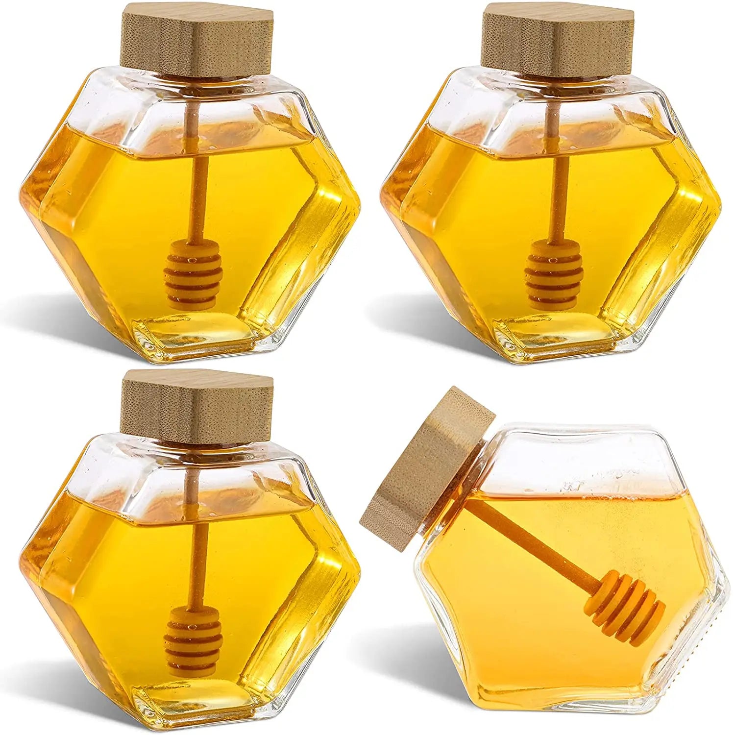 7 Oz Honey Pot Jars Glass Honey Pot with Wooden Dipper and Cork Lid Hexagon Shape Honey Container Dispenser Storage