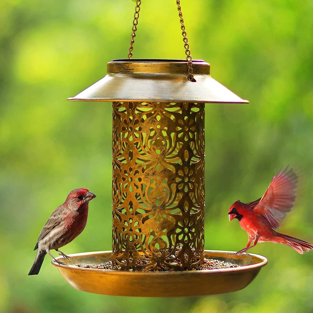 Solar Bird Feeder for Outdoors Hanging Metal Wild Bird Feeder for Cardinals Solar Garden Lantern As Gift Ideas for Bird Lovers