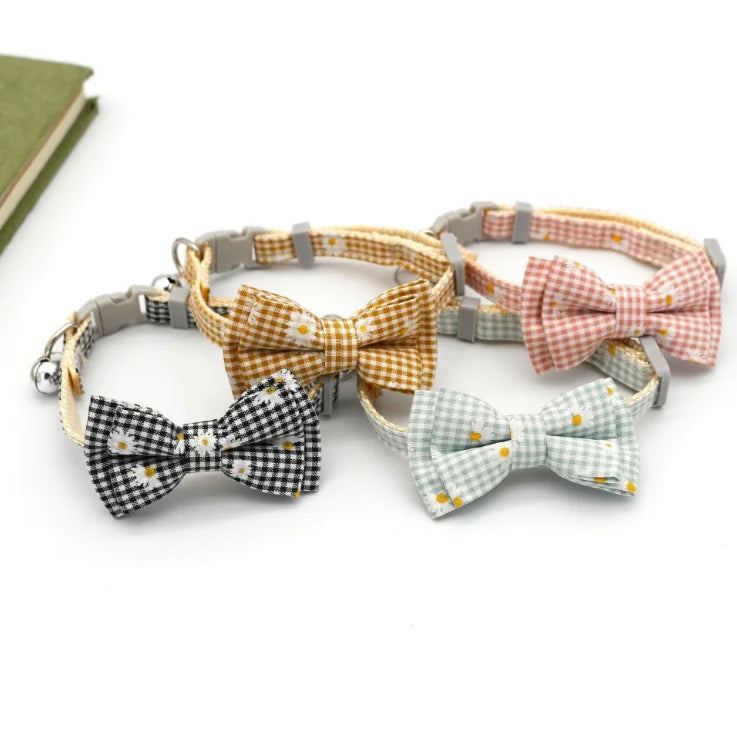 New Classic Plaid Collar Bell Daisy Cute Bow Tie  Collar for Small Medium Large Girl and Boy Cats