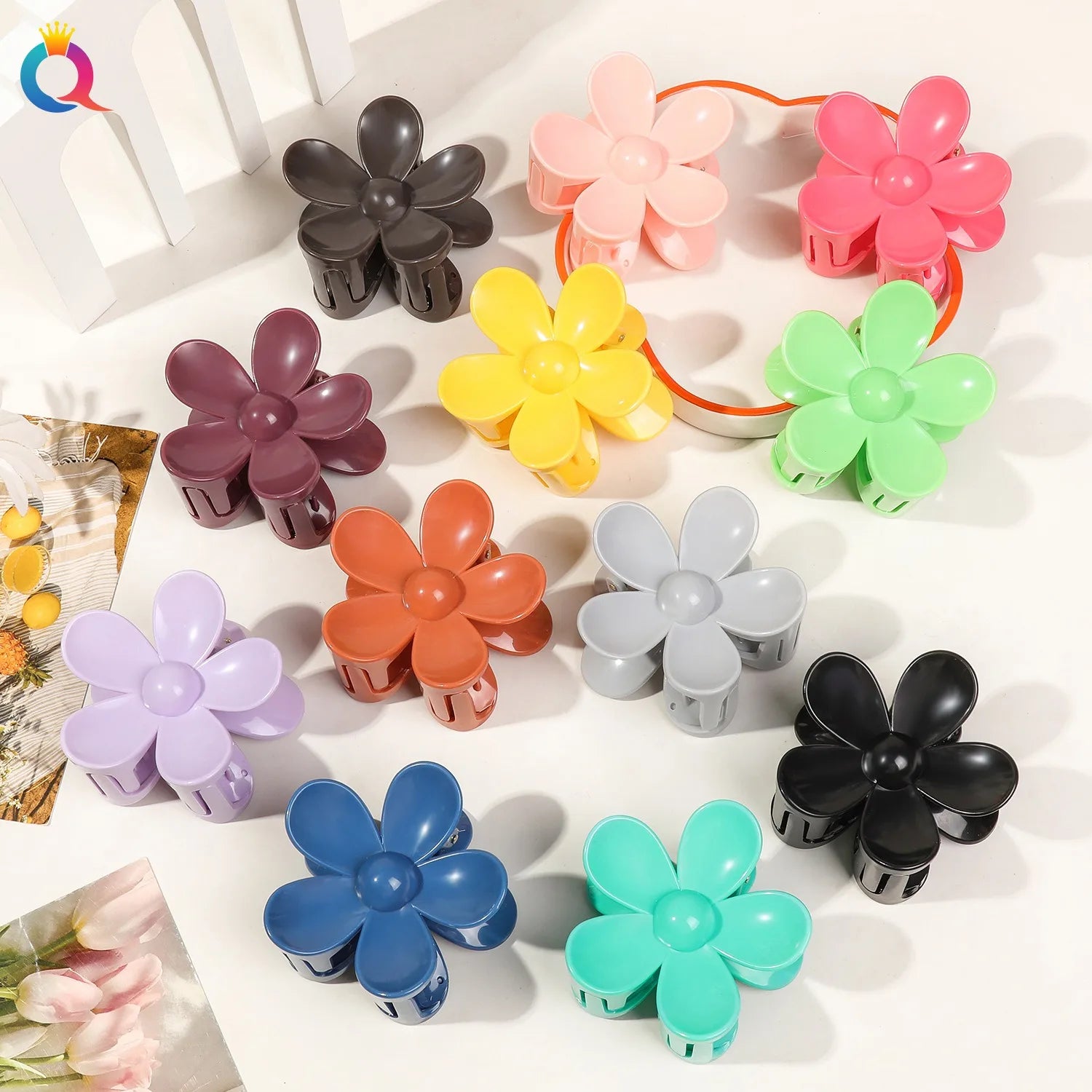 QIYUE Women's Large Flower Hair Clips 7.5cm ABS Solid Color Plastic Hair Accessories
