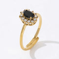 Women Jewelry Simple Design 18K Gold Plated Stainless Steel Black Zircon Flower Adjustable Open Rings