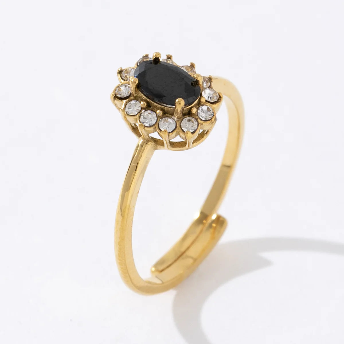 Women Jewelry Simple Design 18K Gold Plated Stainless Steel Black Zircon Flower Adjustable Open Rings