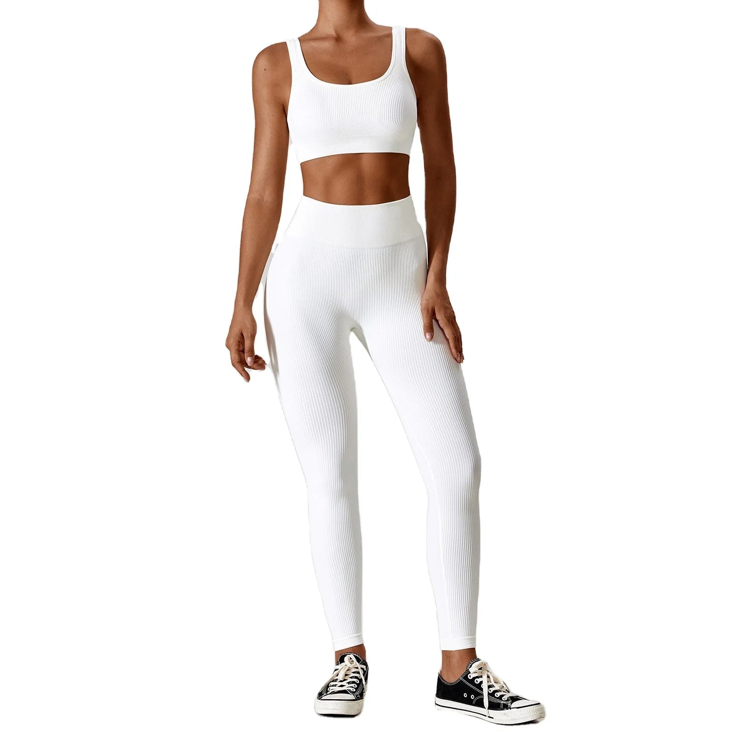 2025 New Arrival Nylon Spandex Seamless Ribbed Women Yoga Clothing High Waisted Quick Dry Padded Running Gym Fitness Outfit Sets