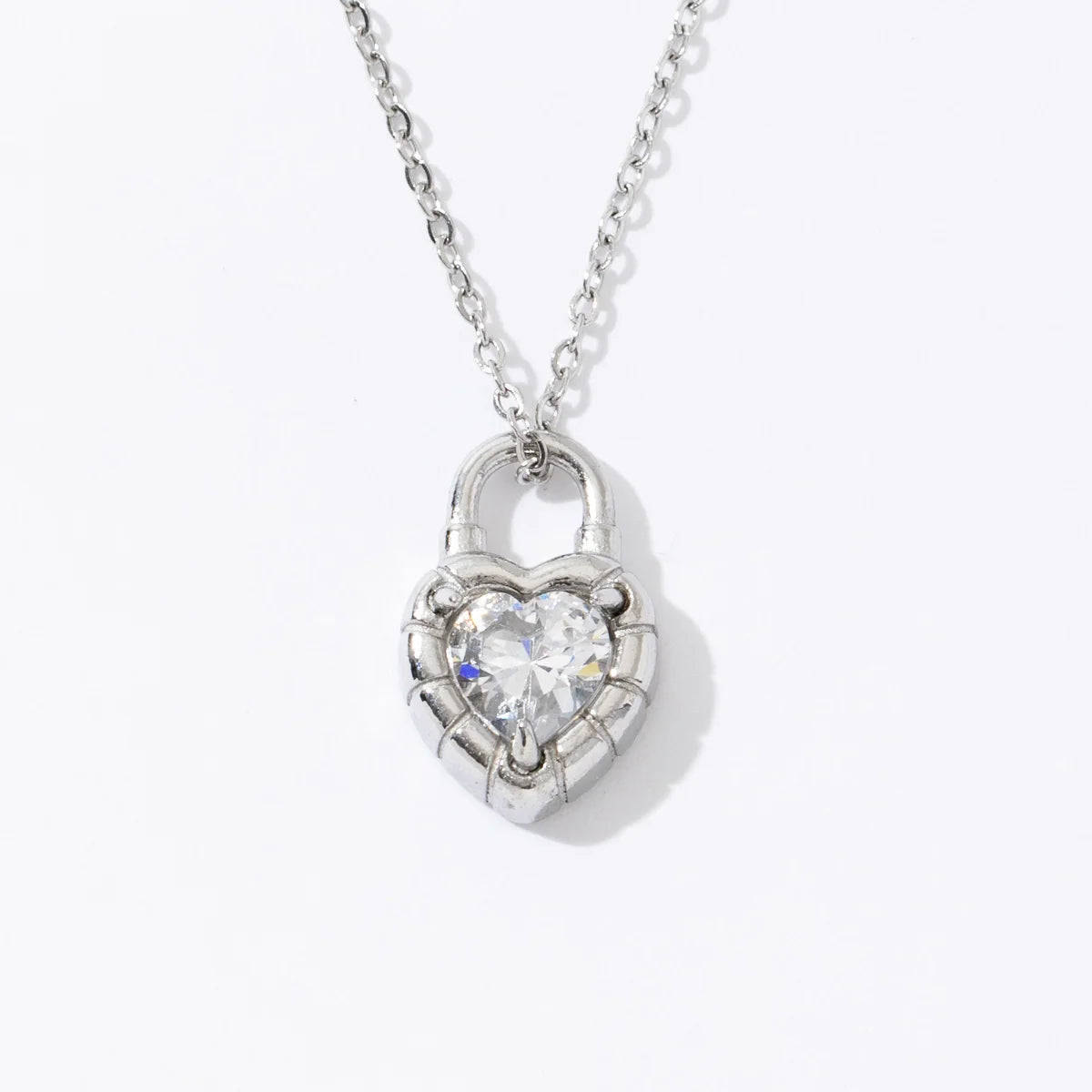 Classic Zircon Heart Design Silver Plated Stainless Steel Creative Love Lock Pendant Necklace