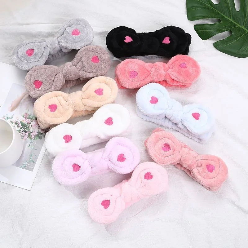 Custom Logo Elastic Makeup Cosmetic Headband Colorful Embroidered Love Heart Bowknot Furry Spa Hairband for Women