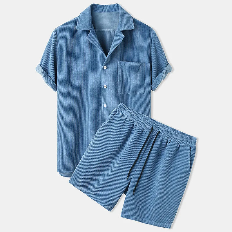 Summer Mens Corduroy Sets Casual Short Sleeve Lapel Button Solid Color Shirts and Shorts Streetwear Men's Clothing Suits