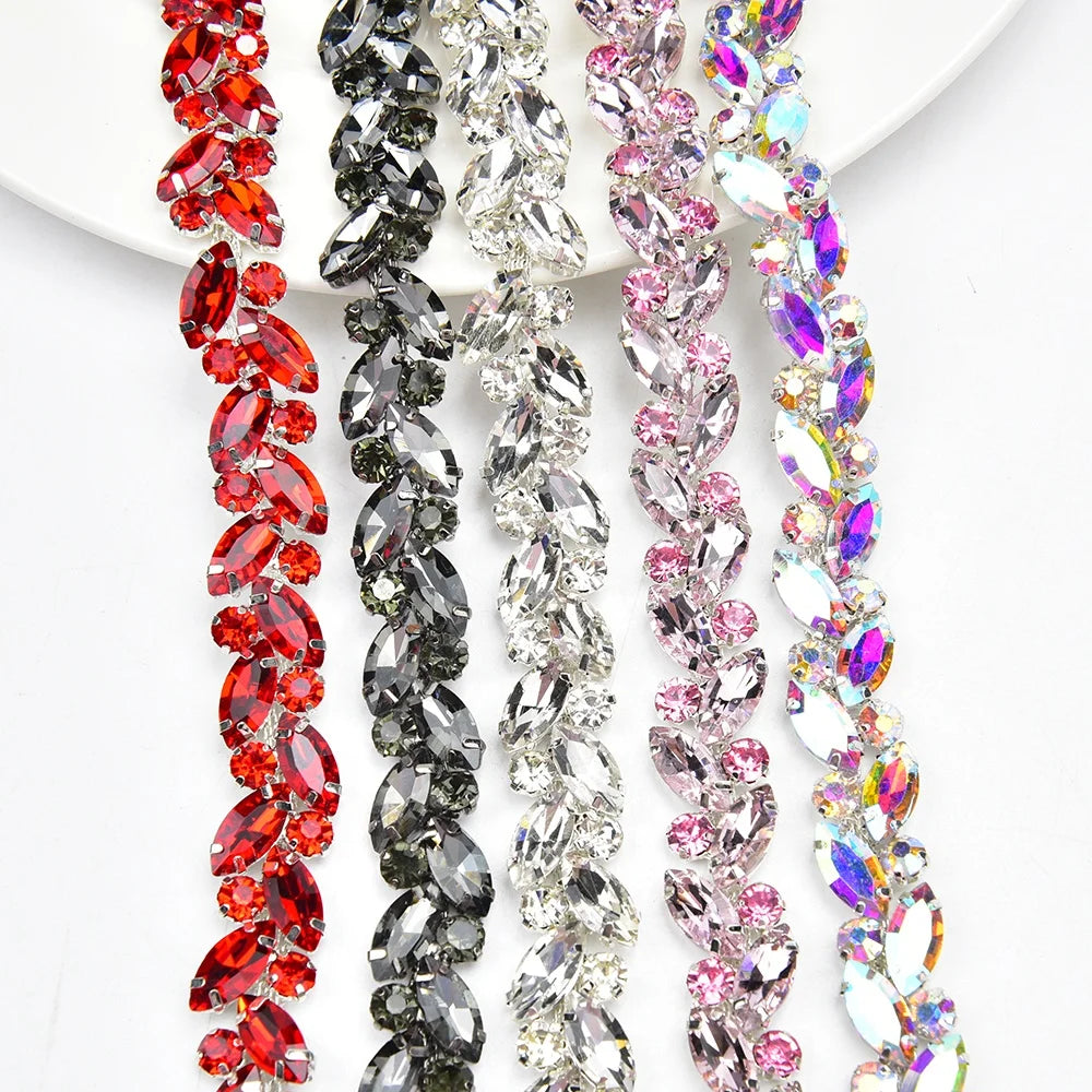 Red Horse Eye Rhinestone Cup Chain Sew on Bridal Decorative Crystal Leaf Ribbon Applique Trim for Clothes Shoes Bags Decoration