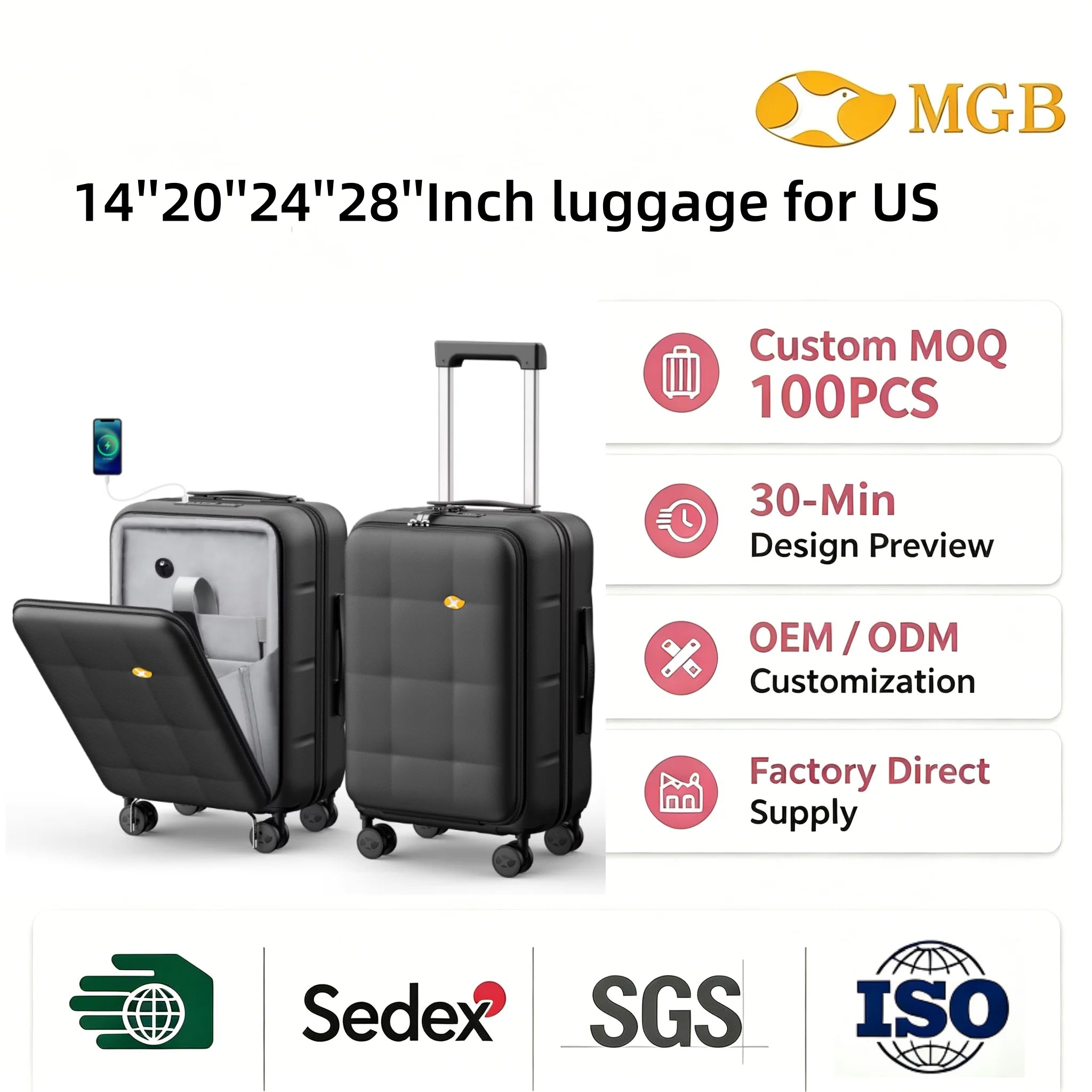 Wholesale Custom 20-Inch PC Carry-On Luggage Modern Cartoon Design Front Laptop Compartment USB Charging TSA Lock Spinner Wheels