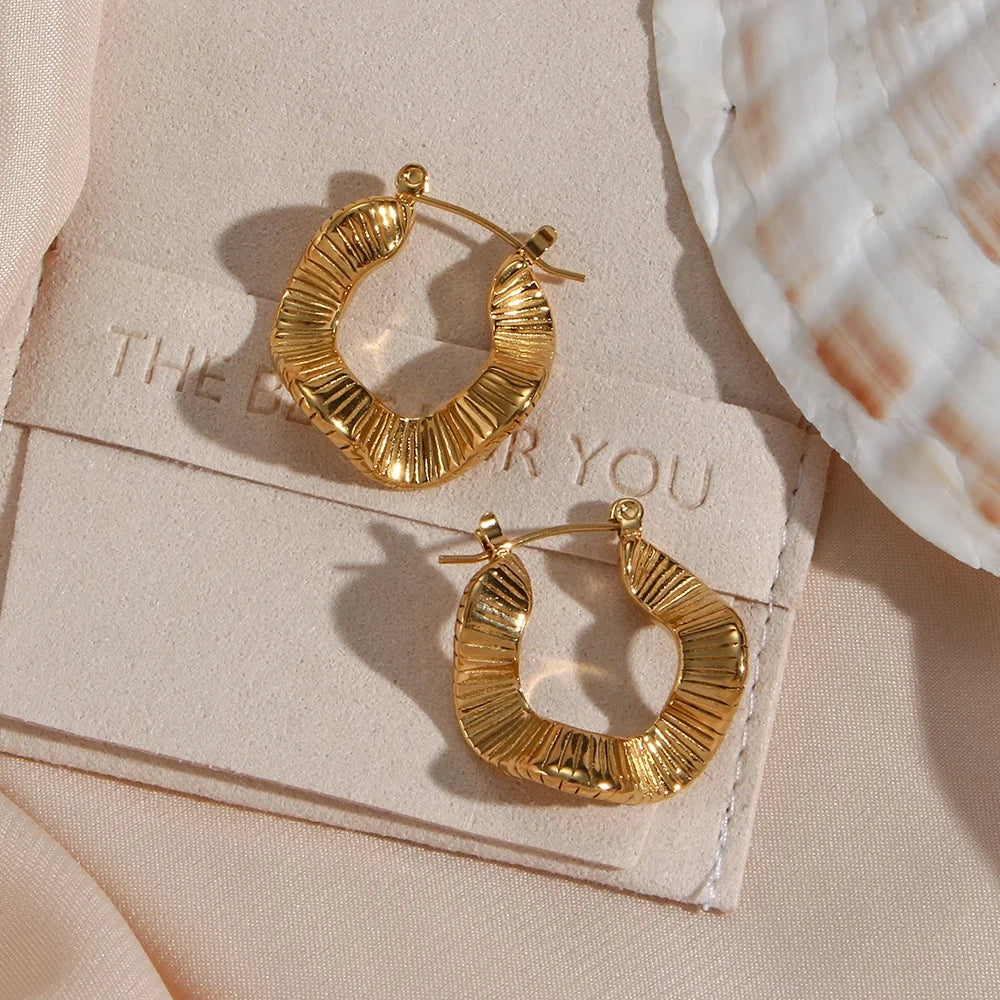 Drop Ship Engraved Texture French Style Irregular 18K Gold Plated Stainless Steel Hoop Earring for Women