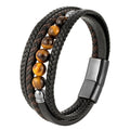 New Fashion Men's Stainless Steel Multi-Layer Bracelet Black Braided Beads Yellow Tiger Eye Stone Trendy Geometric Natural Stone