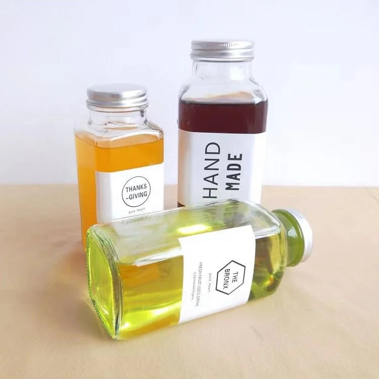 8oz 12oz 16oz Glass Juice Bottles French Square Bottles With Plastic or Metal Lid