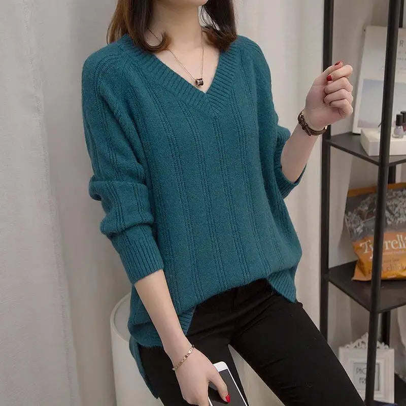 M-5XL Large Women's Autumn New Knitwear Upper Garment Autumn Winter Base Coat Pullover V-neck Long Sleeve Sweater