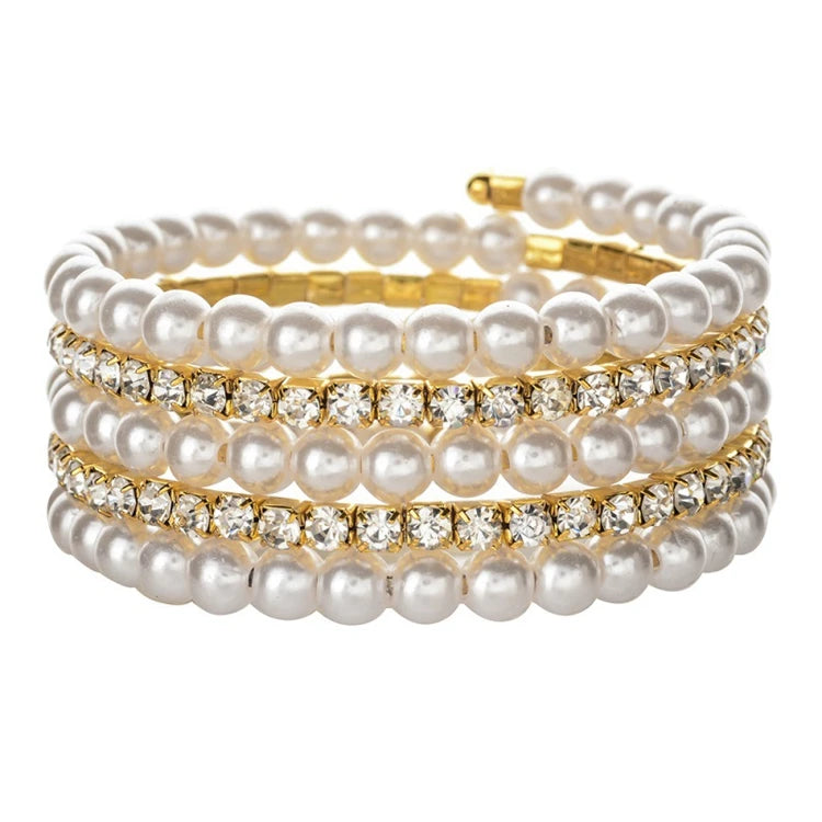 ZQ-07 Fashion Elastic Hand Jewelry Open Cuff Alloy Rhinestone Crystal Diamond Pearl Bangle Bracelet