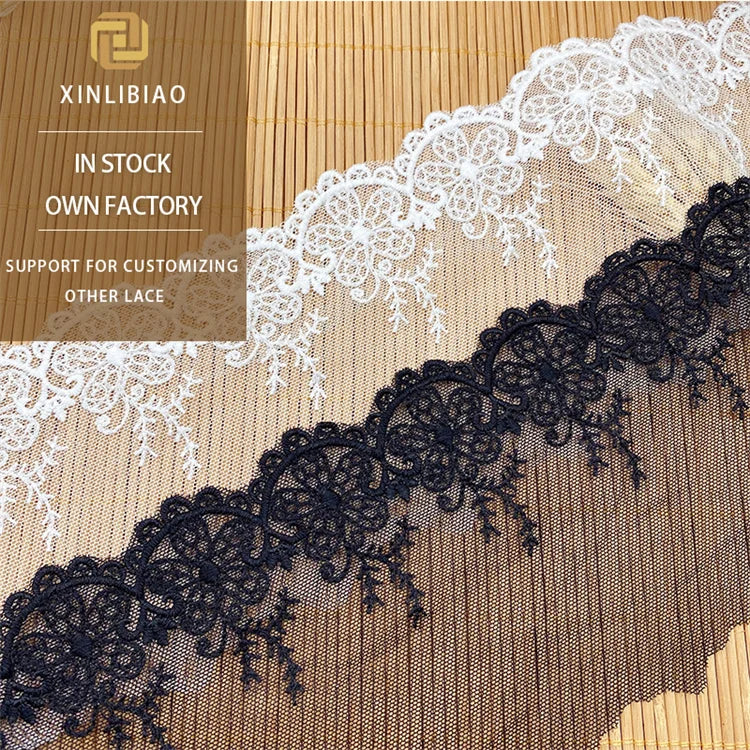 Milk Silk Lace Mesh Skirt with Floral Embroidery Black White Lolita Style Water Soluble Lace Fabric for Shoes Bags 10.5cm Wide