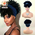 Short Afro Kinky Curly Wigs for Black Women Headband Natural Black Human Hair Wig with Bangs Turban Wrap Wig Cosplay Daily Use