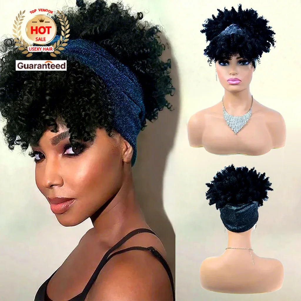 Short Afro Kinky Curly Wigs for Black Women Headband Natural Black Human Hair Wig with Bangs Turban Wrap Wig Cosplay Daily Use