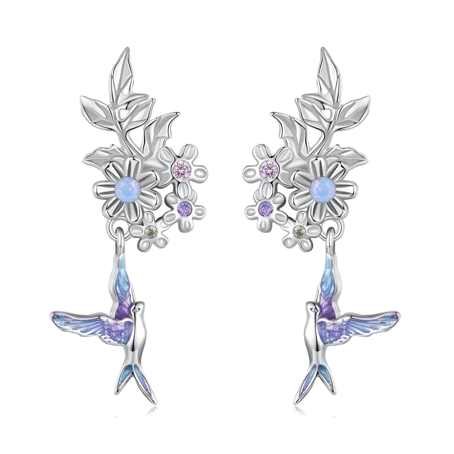 925 Sterling Silver Purple Flower & Bird Stud Earrings for Women Spring Jewelry Gift for Family Daughter Girl Mom SCE1863