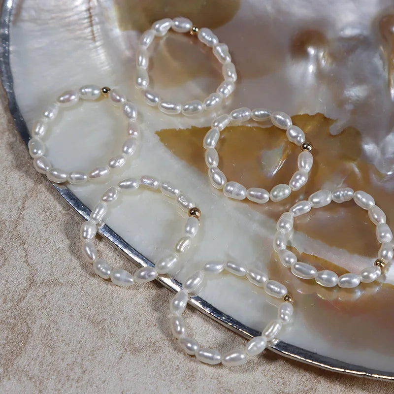 Fashion Freshwater Pearl Beaded Ring Elasticated Cute Finger Seed Bead Ring Set Adjustable Rings for Women