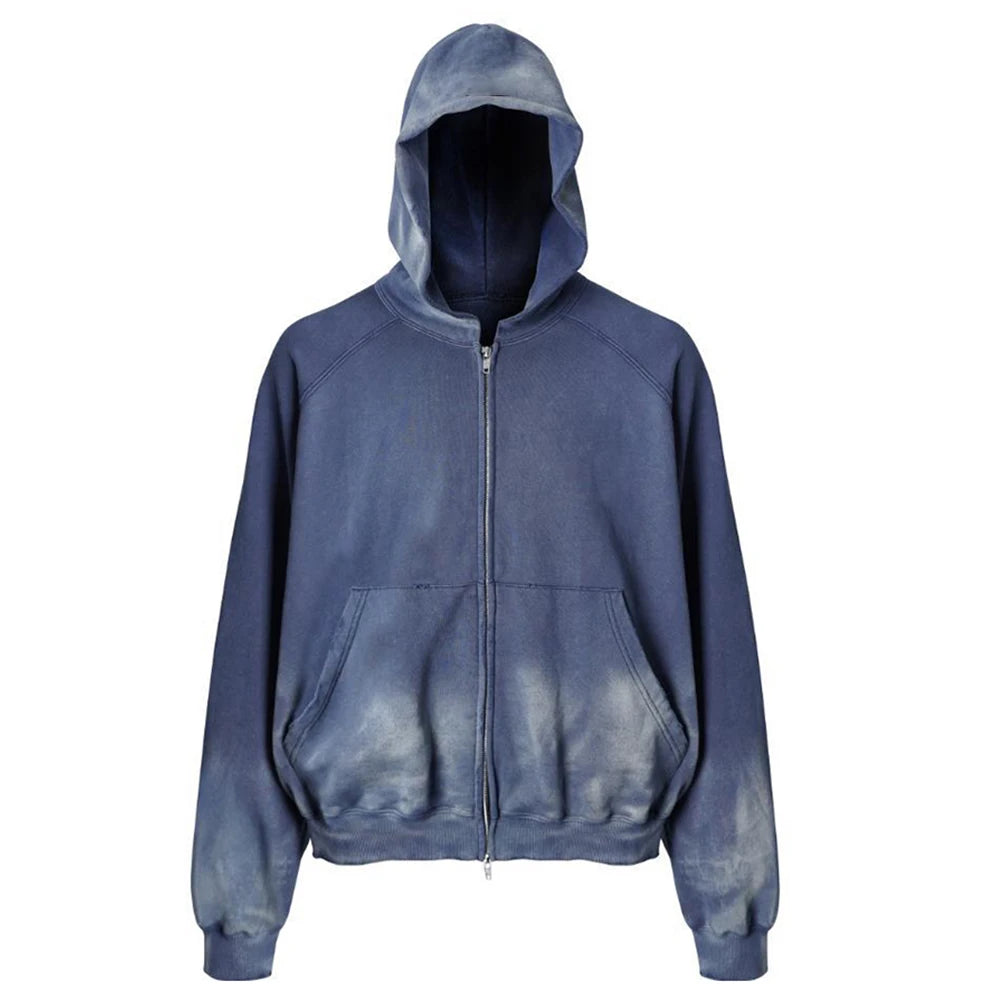 OEM Unisex Vintage Sun Faded Zipper Sweatshirt Custom Men Heavyweight Crop Top Boxy Distressed Ripped Acid Wash Zip up Hoodie