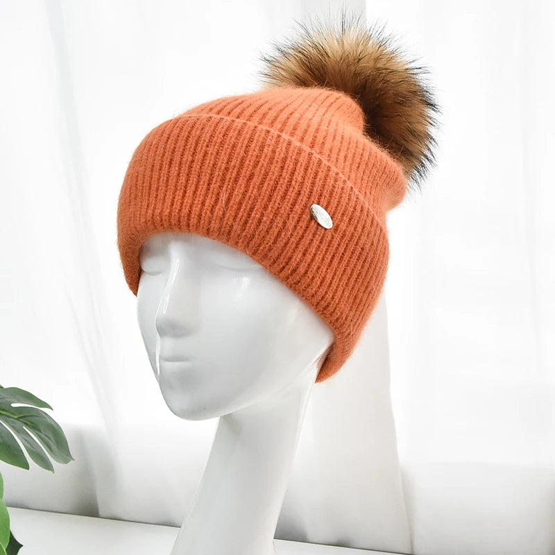 Winter Wool Knitted Beanie With Fur Pompom Distressed Knitted Slouchy Beanie Custom Logo Hat for Women