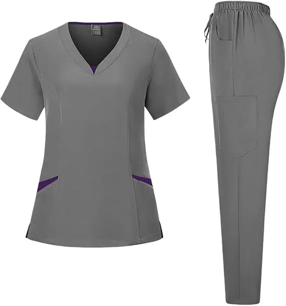 Customized Solid Color Scrub Sets Stretch Piece Uniforms Suit Nursing Fitted V Neck Top Nurse Work Uniform