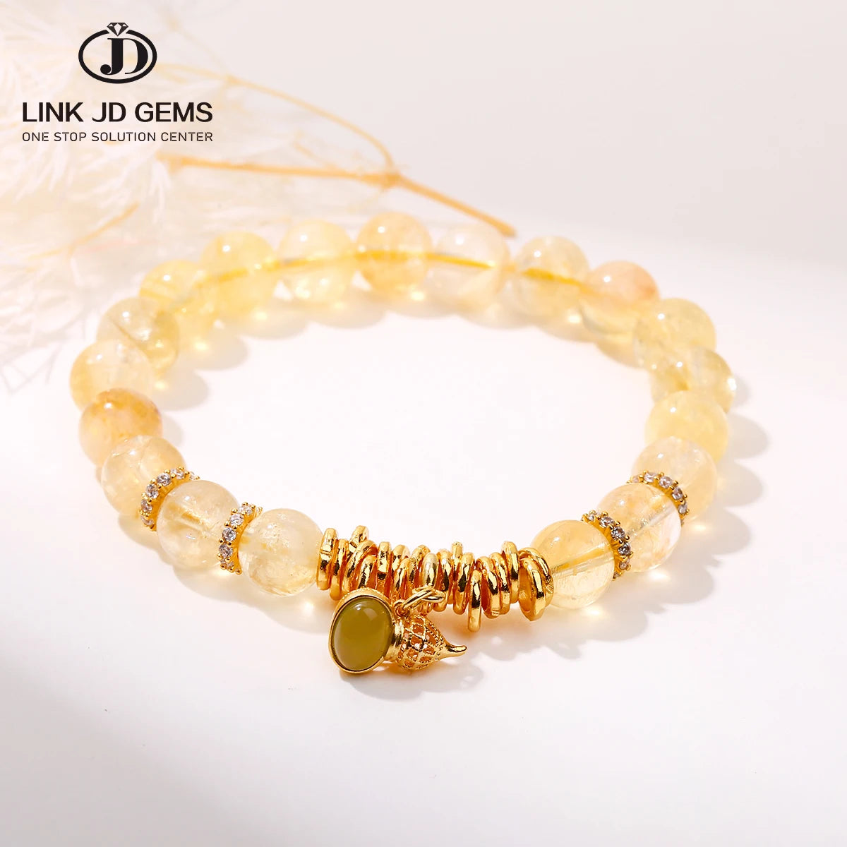 JD GEMS Trendy Unisex Fashion Energy Crystal Bead Strand Jewelry Bangle 3A Natural Citrine Gravel Broken Silver Gourd Bracelet