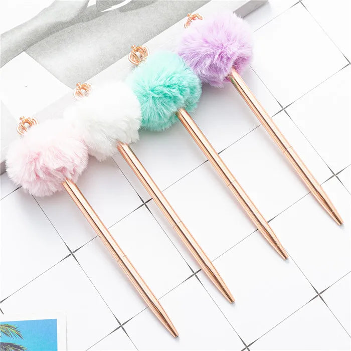 Lovely Kawaii Puffball Pompom Crown Metal Barrel Ballpoint Pen with Customizable Quick-Dry Ink for Student Gifts