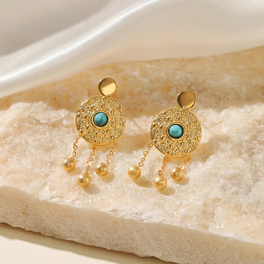 New 18K Gold Stainless Steel Natural Stone Turquoise Pearl Bead Pendant Hoop Earrings for Women Girl Travel Party Jewelry
