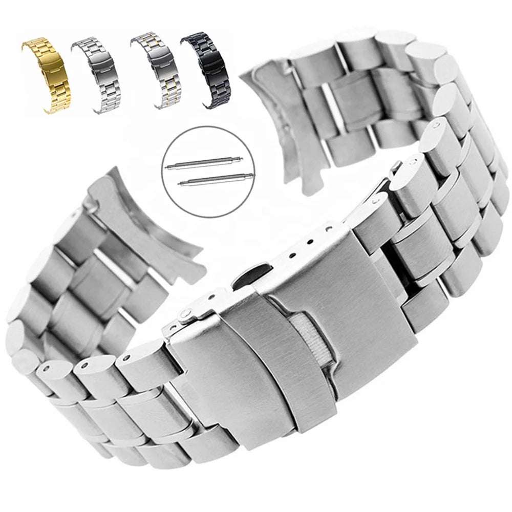 Men's & Women's Stainless Steel Curved End Watch Bands 18mm 20mm 22mm 24mm Solid Double Lock Buckle Strap Bracelet Accessories