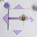 Luxury Tri-fold Ivory Hardcover Invitation with Gold Mirror Acrylic White Foil and Purple Ribbon Decor for Wedding Event