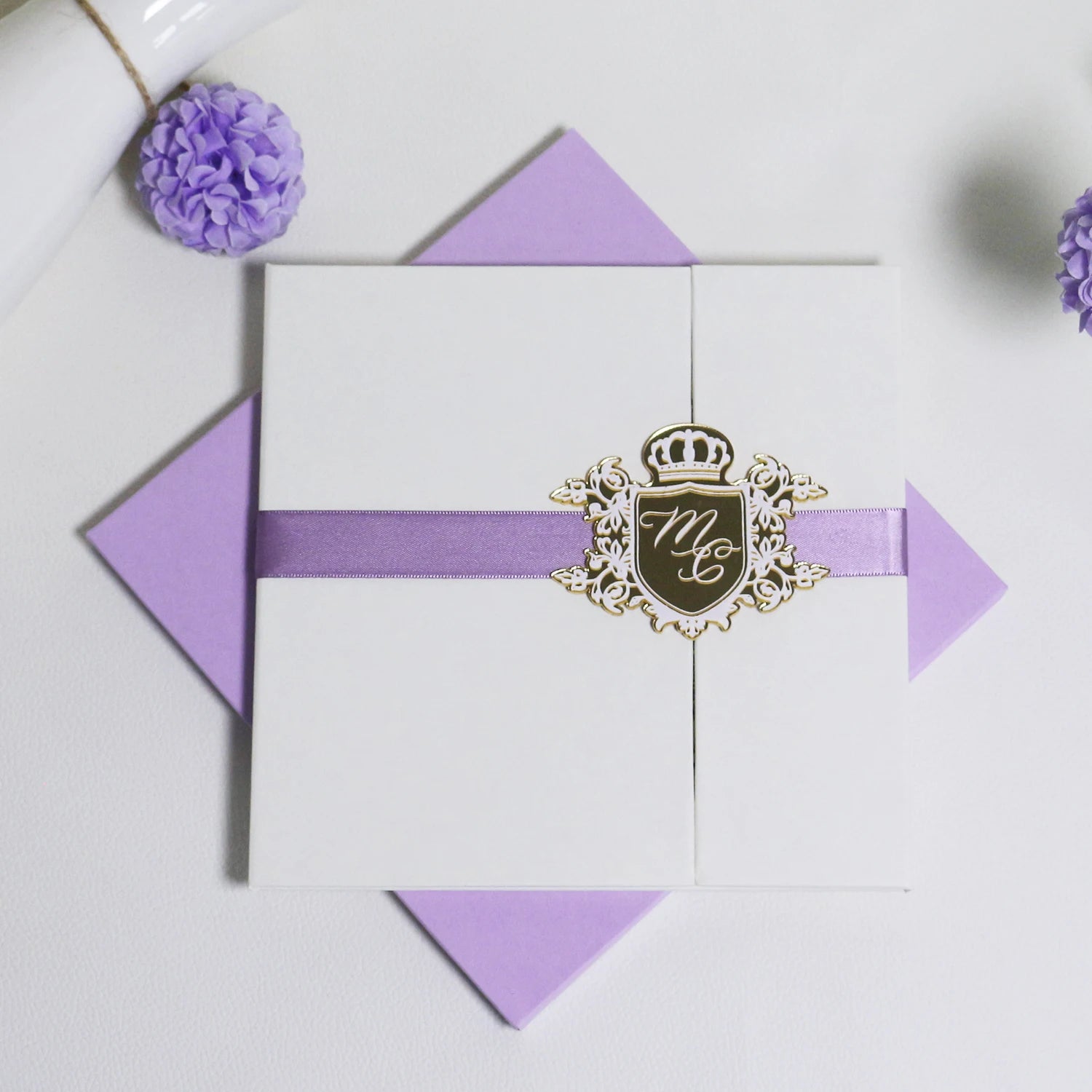 Luxury Tri-fold Ivory Hardcover Invitation with Gold Mirror Acrylic White Foil and Purple Ribbon Decor for Wedding Event
