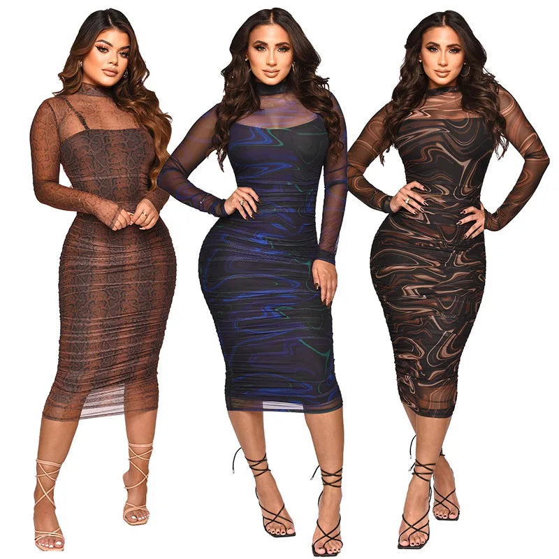 RNSHANGER Womens Dresses Evening Vintage Elegant Casual Luxury Party Gala Plus Size 2XL Mesh Two-piece Dance Party Dresses