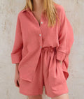 S-3XL Fashion Casual Color Cotton Linen Long-sleeved Shirt Pocket Elastic Waist Shorts Suit Casual Wear  Shorts Set Women