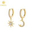 Women Fashion Asymmetric Cubic Zircon Sun Star Drop Zirconia Moon Bling Dainty Gold Plated Earrings