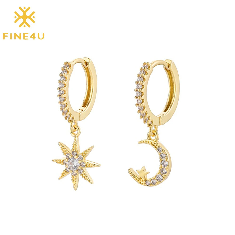 Women Fashion Asymmetric Cubic Zircon Sun Star Drop Zirconia Moon Bling Dainty Gold Plated Earrings