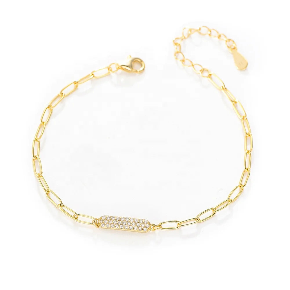 Fashion 925 Sterling Silver Paper Clip Chain Zirconia bar Adjustable Bracelet Silver Charm Bracelet