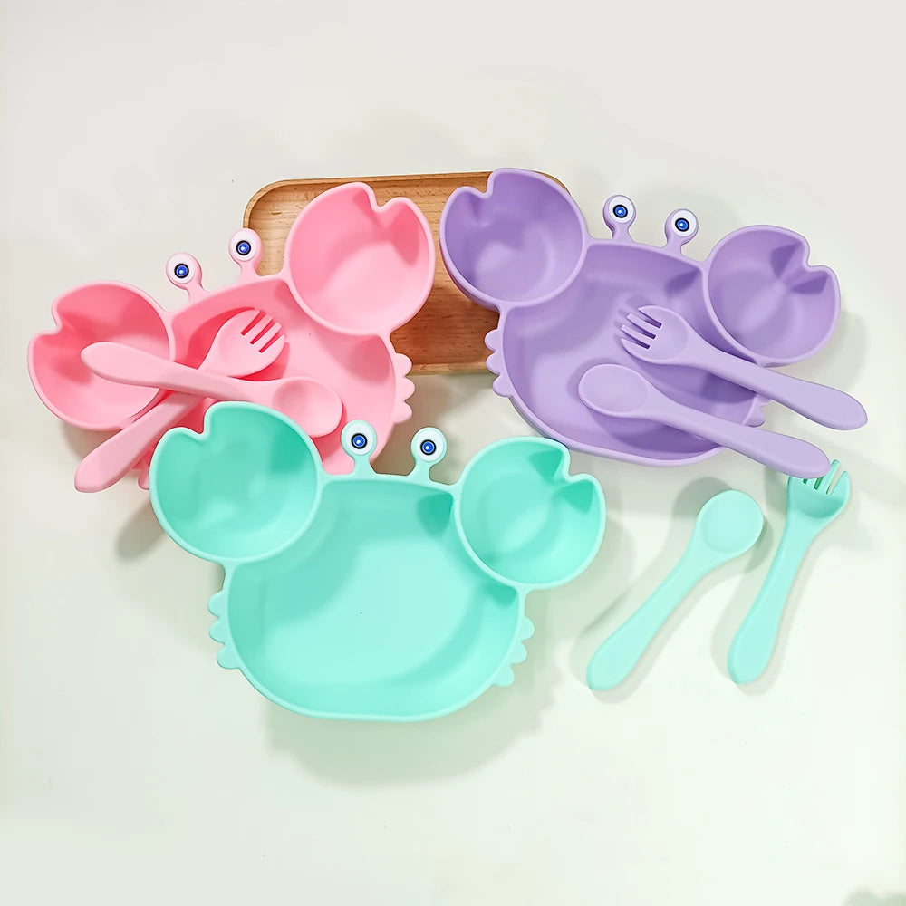 Bpa Free Crab Silicone Dinner Carbide Suction Plates Spoons and Forks Tableware Baby Feeding Set Weaning