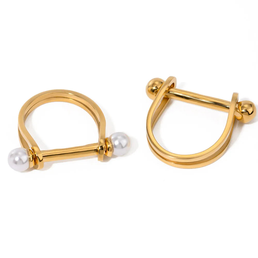INS Trendy Stainless Steel 18K PVD Gold Plated Jewelry Waterproof U-shaped Pearl Bead Niche Statement Finger Rings for Women