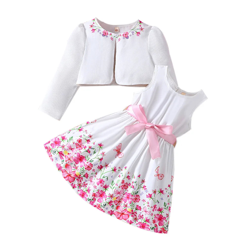 Cute Girl's Two-Piece Casual Outfit Long Sleeve Cardigan Top with Floral Graphic Sundress for Daily & Summer Holidays