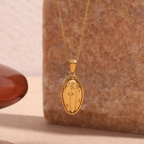 Dreamshow Oval Engraved Coconut Palm Pendant Necklace Gold Plated Stainless Steel Waterproof Jewelry
