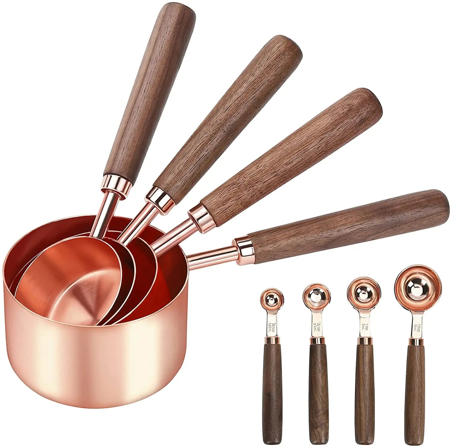 8-Piece Stainless Steel Scale Measuring Spoons and Scoops Set 250ml Capacity Rose Gold Finish with Wooden Handles